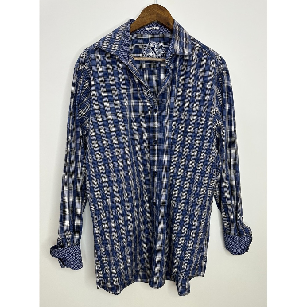 Bugatchi Shaped Fit Plaid Button Down Shirt Blue White Men's Size Large Cotton - Picture 2 of 10